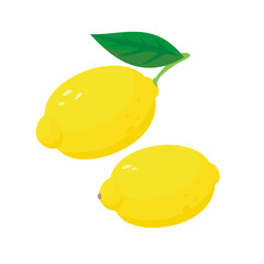 Set of images with whole and cut lemons. Some green leaves. Simple and flat style. Image with white background. It looks like a grapefruit or a lime.