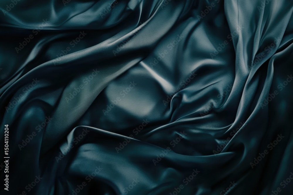 Poster close up shot of a dark teal satin fabric with soft folds and subtle light reflections creating dept