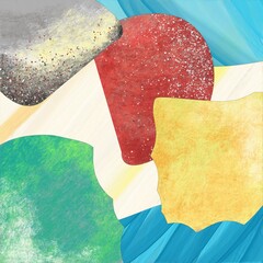 Abstract acrylic painting with different shapes and layers with brush structures and speckles.