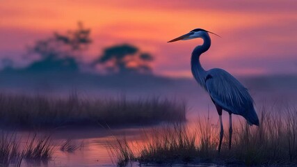 Great Blue Heron Standing in Marsh at Colorful Sunset
