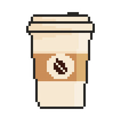8 bit coffee cup icon. Pixel art object. Old school vintage game graphic.