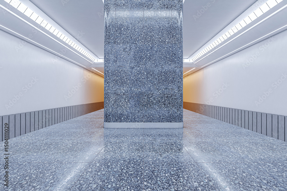 Poster modern empty hallway interior with terrazzo flooring and central stone pillar under bright ceiling l