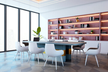 Modern corporate meeting room with large window city view, elegant furniture, and built-in shelving in bright office interior space. 3D Rendering