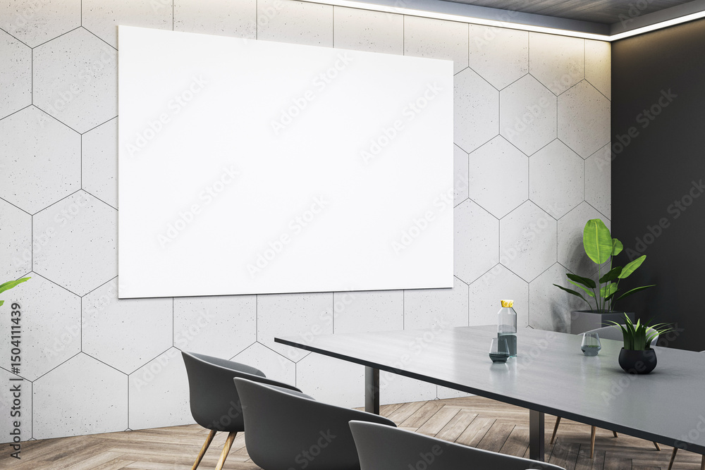 Poster modern conference room interior with blank white display board on hexagonal wall for corporate prese