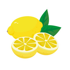 フレッシュな黄色いレモンのシンプルなベクターイラスト。カットしたレモンと丸ごとのレモンのセット。