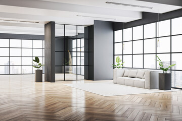 Modern corporate waiting area with large windows, gray walls, sofa, and plants in a bright contemporary office interior space. 3D Rendering
