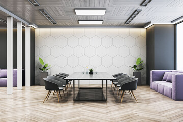 Modern corporate conference room with minimalist design, light wood floors, geometric wall, and empty meeting table with office chairs. 3D Rendering