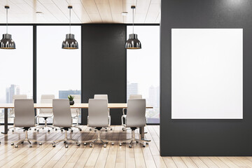 Plakat Modern conference room interior with large vertical mockup canvas on dark wall and cityscape view through windows in a clean corporate setup. 3D Rendering