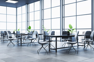 Modern empty office interior with sleek furniture, large windows, and city view creating a clean and contemporary workspace environment. 3D Rendering