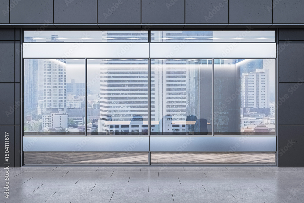 Aufkleber modern office building exterior with glass windows reflecting urban skyline in daylight on minimalis