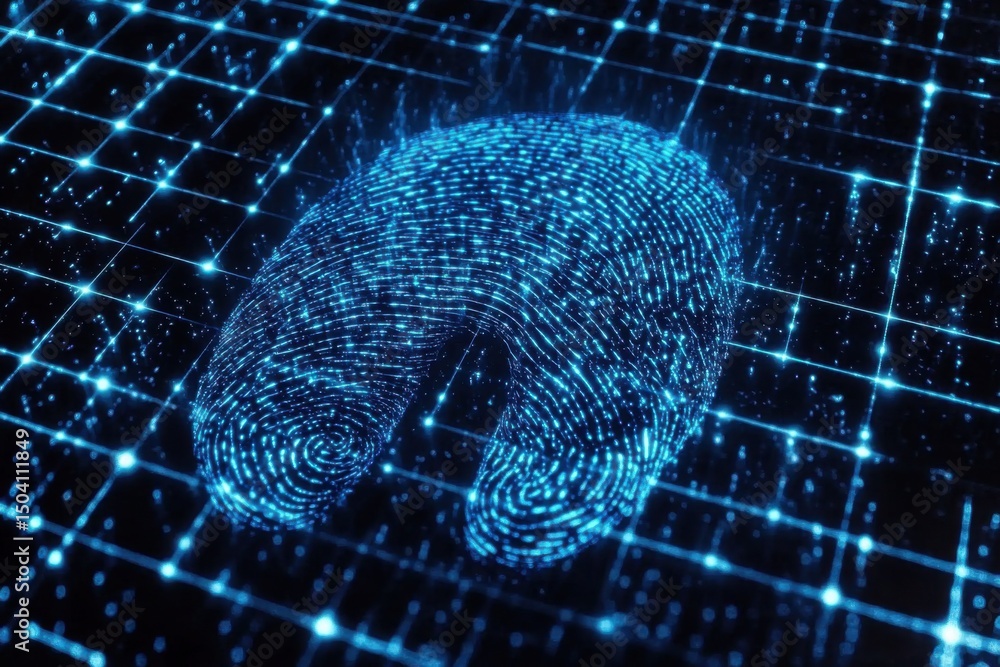 Aufkleber a glowing blue fingerprint over a grid of interconnected lines on a dark background image