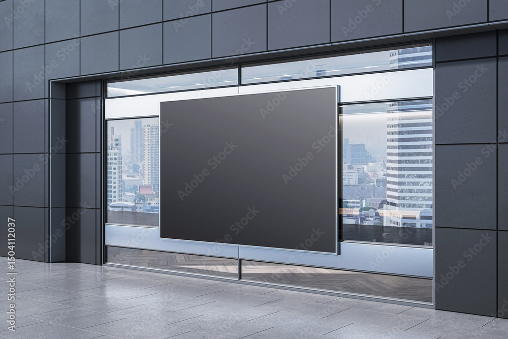 Poster blank black billboard mockup on glass office building with city reflection in the background, clean 