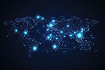 World map with glowing nodes and connecting lines representing global network connections and data flow