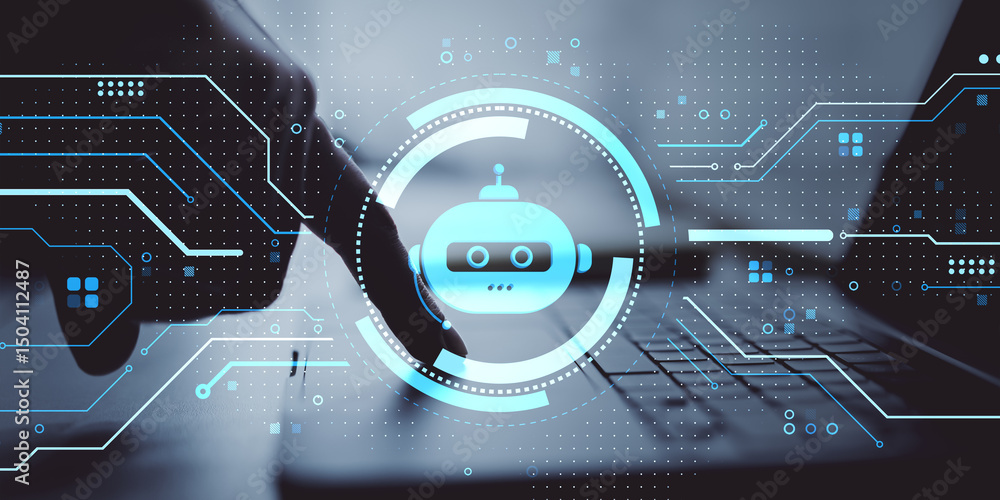 Poster Futuristic chatbot interface with robotic icon overlaying person using laptop for artificial intelligence technology concept on digital background.