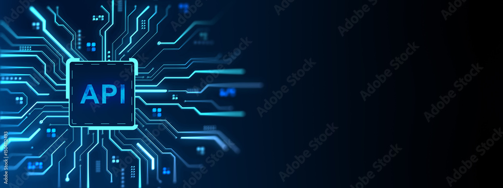 Poster Abstract digital API interface on futuristic circuit board background with glowing blue light connections and copy space on the right side. 3D Rendering