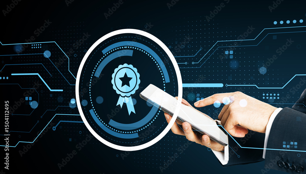 Poster Businessman using smartphone with digital badge icon on futuristic tech interface background representing online certification concept.