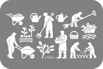 Collection of white silhouettes illustrating farming and gardening activities