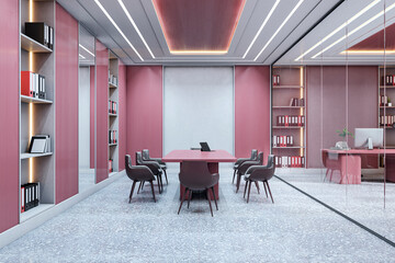 Modern pink-themed corporate meeting room with glass partition, sleek table, office chairs, shelves, and creative lighting design. 3D Rendering