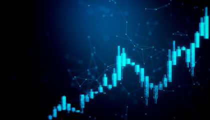 Digital glowing forex candlestick chart with financial data and network connections on dark blue background representing stock market growth trend. 3D Rendering