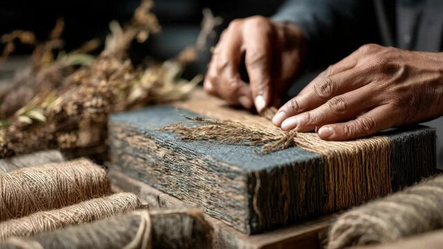 Close-up of Hands Decorating a Wrapped Gift Box with Dried Flowers and Jute Twine, Rustic Handmade Present, Eco-Friendly Packaging