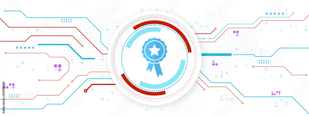 Poster Digital certification badge with abstract technology circuit lines and light elements on white background representing innovation and quality concept. 3D Rendering