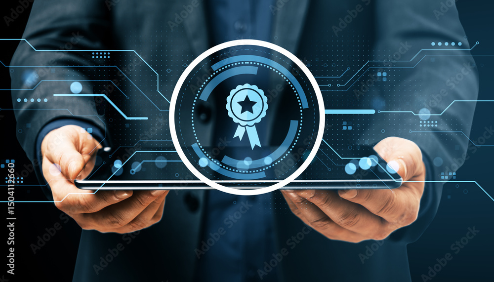 Poster Businessperson holding tablet with digital certification badge and abstract tech background representing quality assurance and innovation concept.