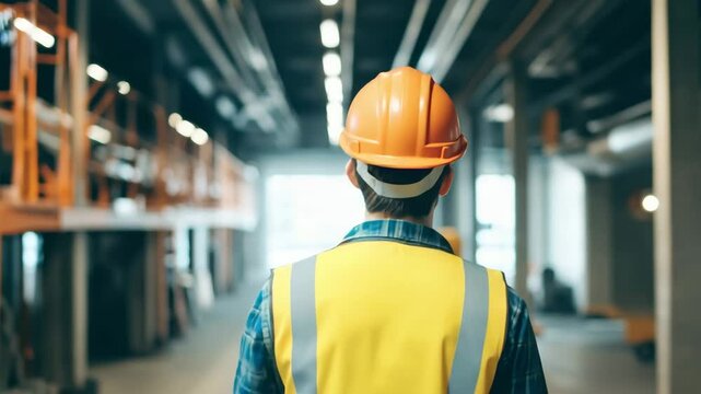 A safety inspector or occupational safety technician wearing an orange hard hat and yellow safety vest walks through a construction site or industrial facility