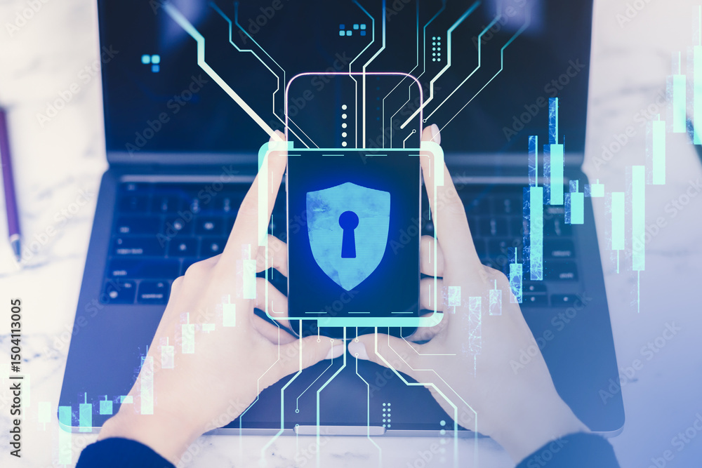Aufkleber Person holding smartphone displaying digital lock symbol, representing cybersecurity and data protection, with tech interface overlay on laptop.