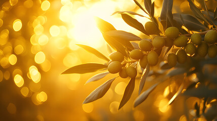 Closeup of lush green olives growing in clusters on the branch of an olive tree with a warm golden hued natural background