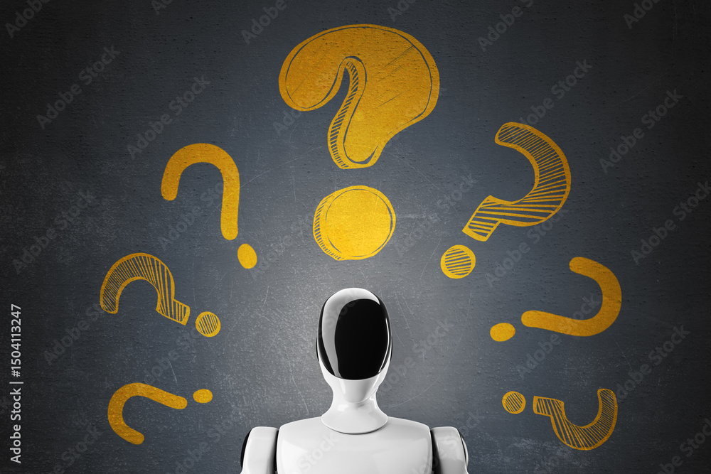Leinwandbilder Humanoid robot facing glowing yellow question marks on dark background symbolizing curiosity, problem-solving, and unanswered queries. 3D Rendering