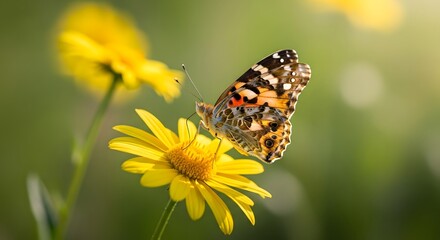 Obraz premium Painted Lady Butterfly Sipping Nectar, Sunny Blooms, A Delicate Dance in Summer's Embrace, Inspiring Hope and the Promise of Natural Beauty.