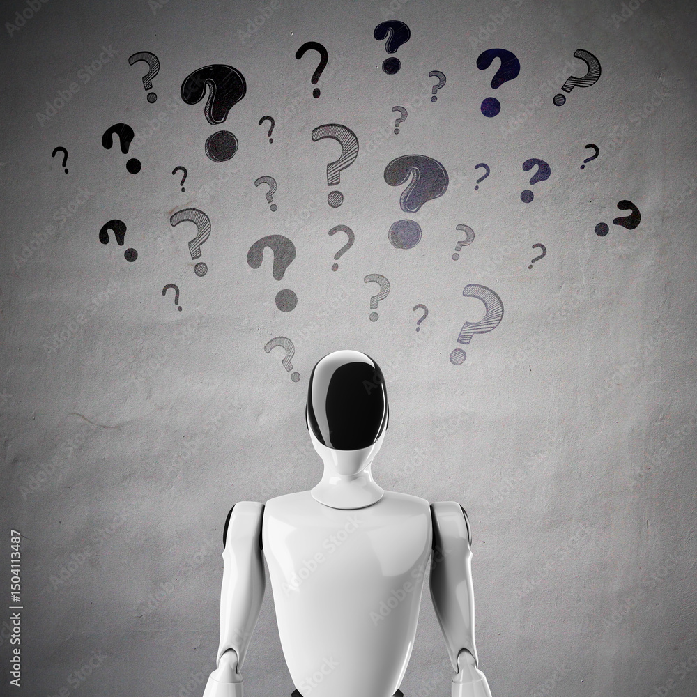 Fototapete Humanoid robot under question marks on textured wall, representing curiosity and automation in problem-solving and machine intelligence concept. 3D Rendering
