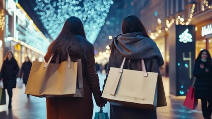Two women shopping at night on city street with Christmas lights and shopping bags during the holiday season, enjoying lifestyle. - Powered by Adobe
