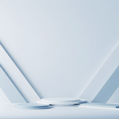 Minimalist light blue 3D product display podiums on abstract geometric background. Modern scene with multiple circular platforms, ideal for showcasing cosmetics, tech, or award mockups.