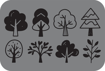 Collection of eight hand drawn black tree icons on gray background