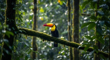Rainforest Majesty: Toucan Perched Amidst Emerald Canopy, A Vibrant Symbol of Tropical Wildlife and Untamed Natural Beauty, Calling to Adventure and Ecotourism