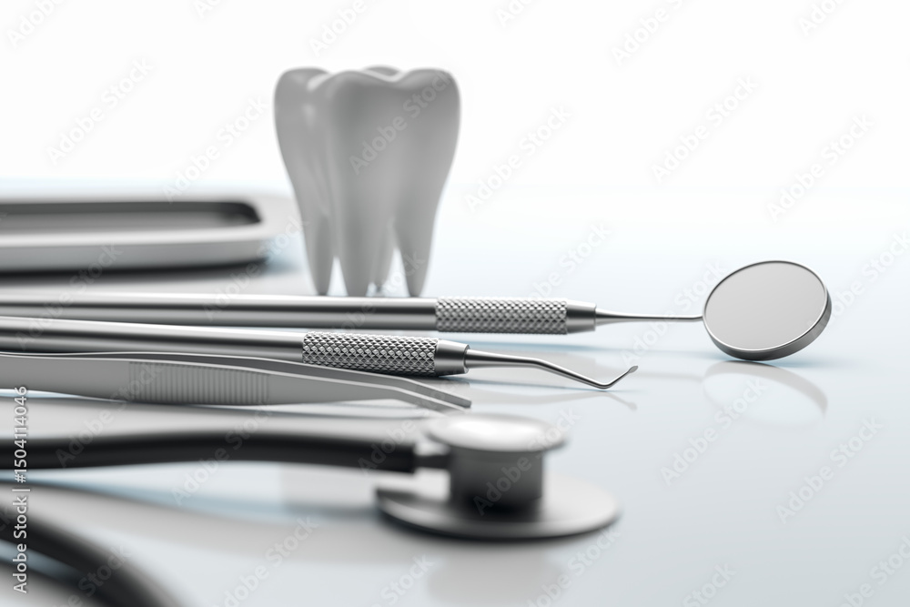Poster closeup of dental tools and accessories with blurred tooth model on light background. concept of den