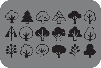 Collection of sixteen simple black hand drawn tree icons