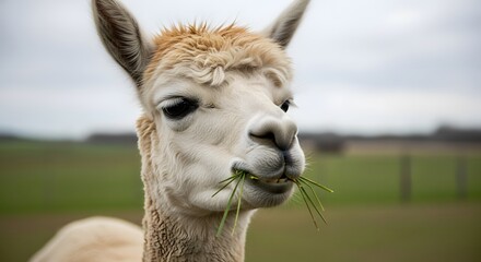 Obraz premium Gentle Gaze: Alpaca Grazing Contentedly, A Portrait of Serenity and Connection to Nature's Simplicity, Peaceful Meadows Backdrop, Soft Light, Grazing