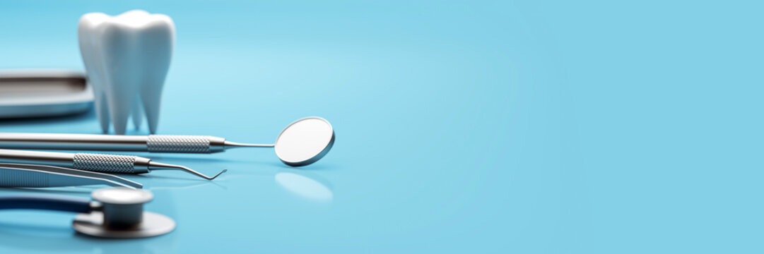 Dental tools and tooth model on clean blue gradient background with copyspace for medical presentation, banner, or poster design template. 3D Rendering