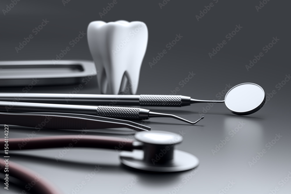 Poster closeup of dental tools and accessories with realistic tooth model on blurred background, featuring 