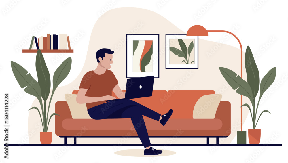 Poster Man using laptop in sofa - Person sitting cross legged in couch at home in living room relaxing with laptop in lap smiling. Flat design isolated vector illustration graphic on white background