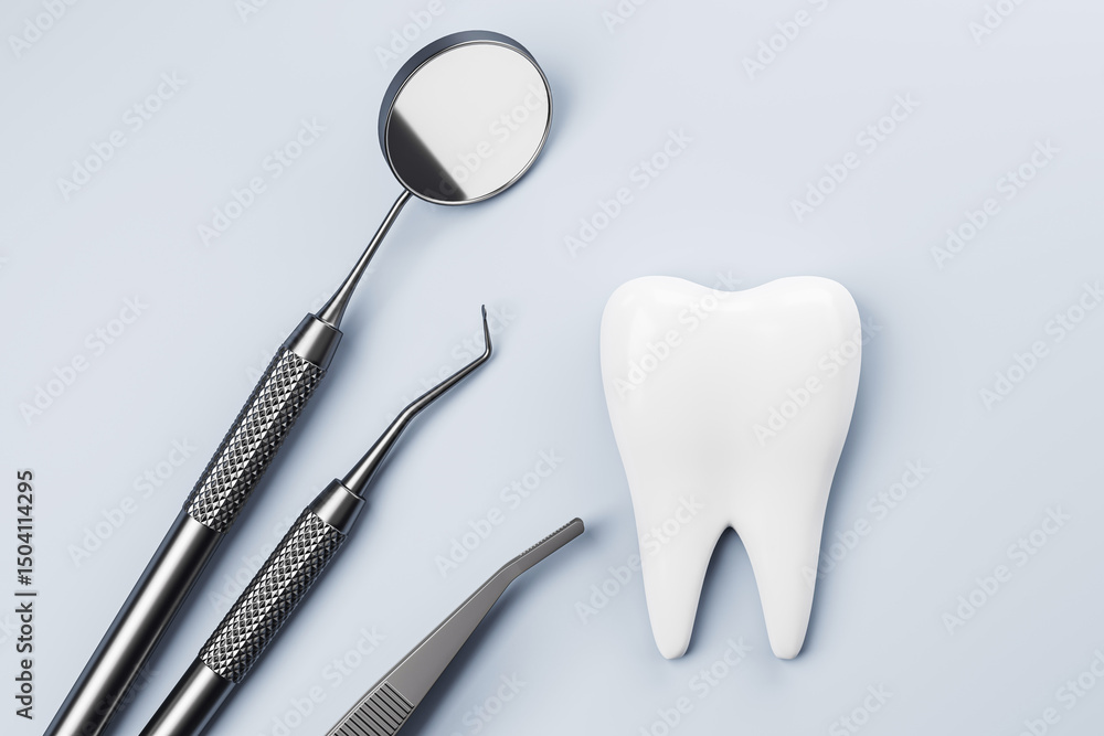 Aufkleber Dental tools and white tooth model on light background with clean, empty space and minimalistic abstract design concept. 3D Rendering. 3D Rendering
