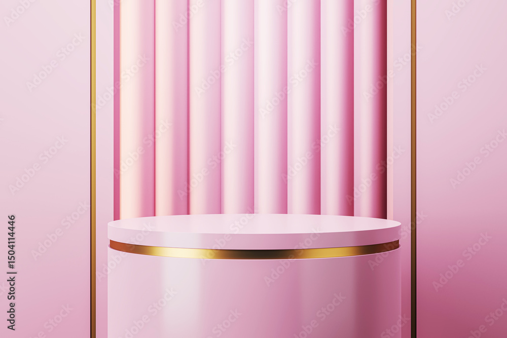 Aufkleber Modern pink podium display scene with gold accents and soft lighting for product placement or branding presentation template background. 3D Rendering