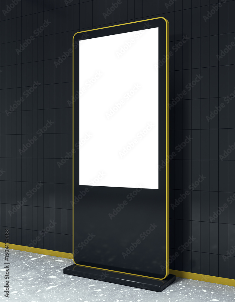 Poster vertical digital advertising billboard mockup with blank white display against modern black tiled wa