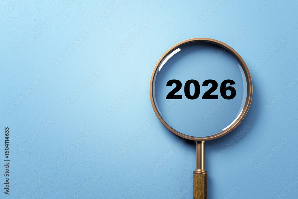 Poster magnifying glass focusing on bold black 2026 text over a light blue gradient background, symbolizing