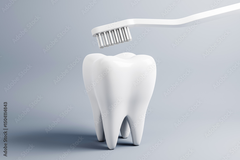 Aufkleber White toothbrush above large tooth model on clean gradient background showing dental hygiene concept in a modern minimalistic design. 3D Rendering