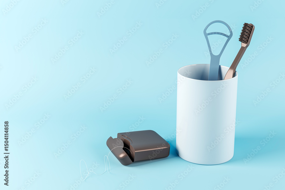 Poster Toothbrush, tongue scraper in cup, and dental floss box on light blue background with modern clean design and minimalistic composition. 3D Rendering