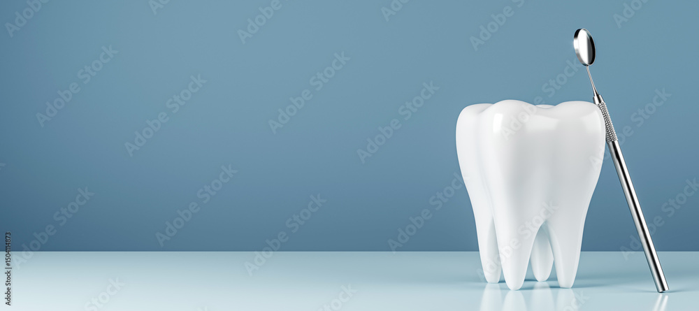 Poster realistic clean tooth model with dental mirror tool on blue background with copy space for dental ca