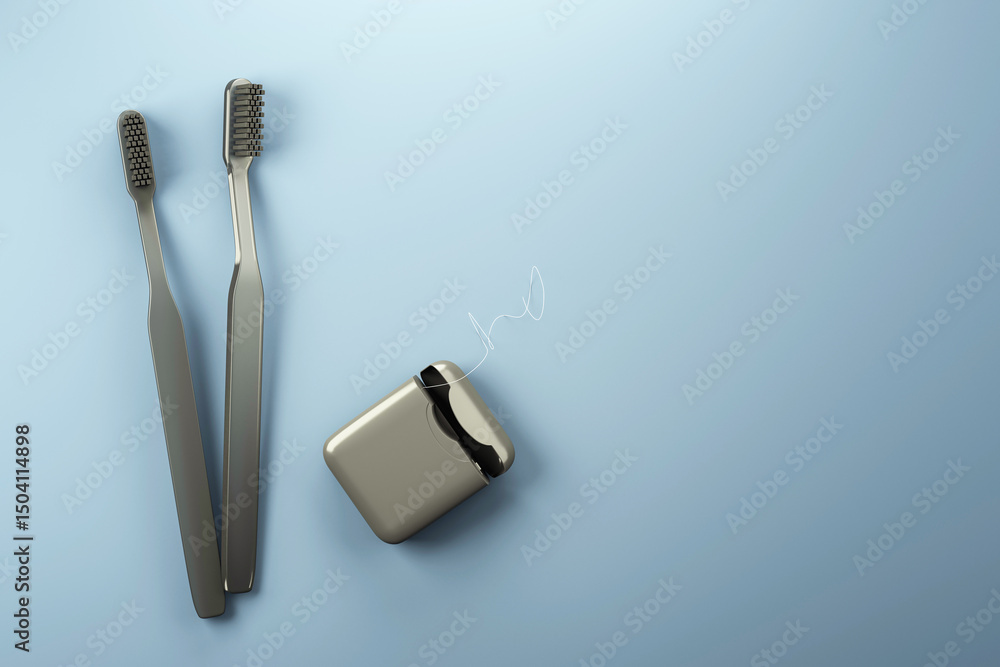 Poster black toothbrushes and dental floss on blue gradient background symbolizing modern oral hygiene esse